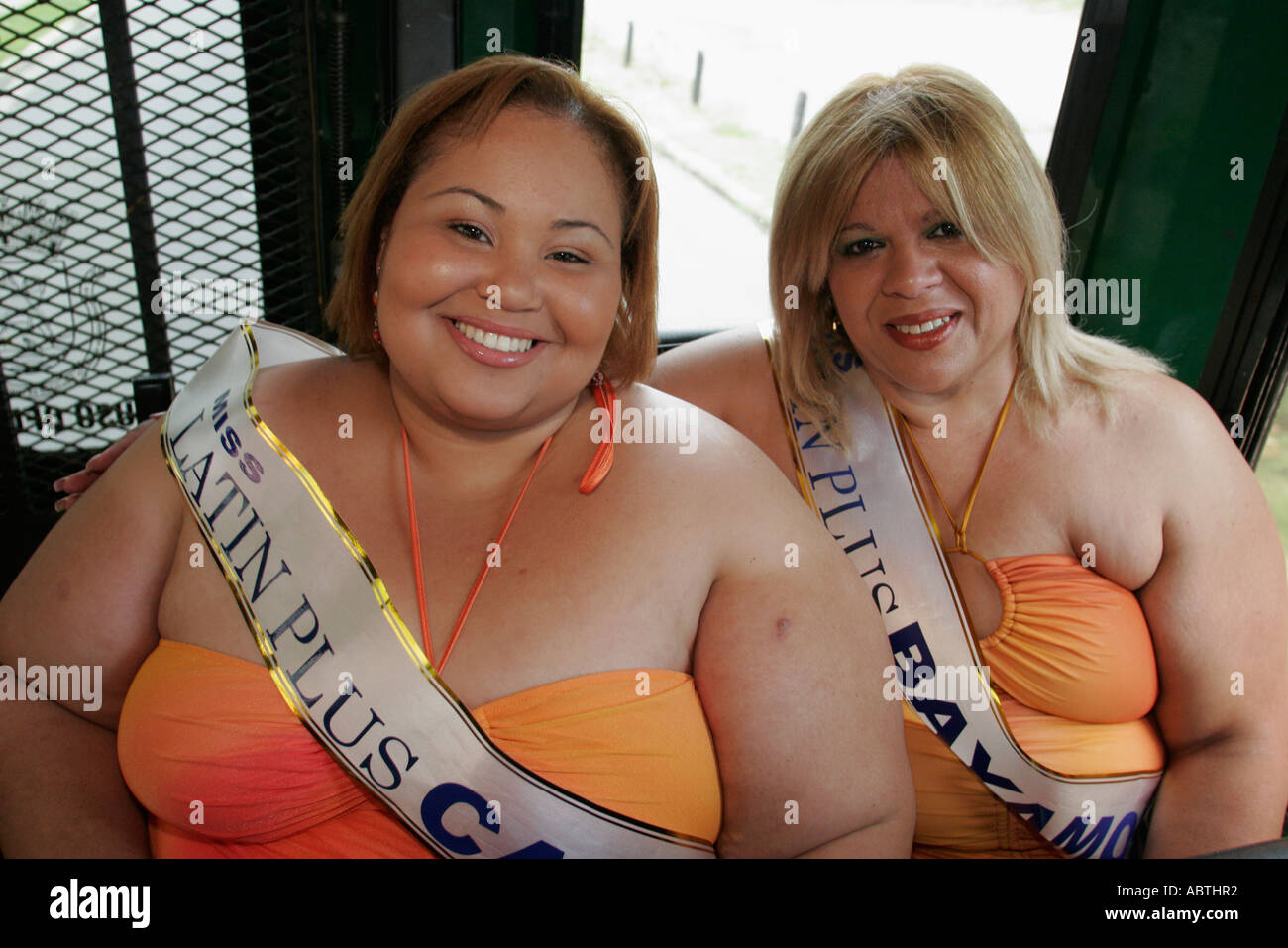 Porto Rico, Rican, Isola dei Caraibi, Antille Greater Old San Juan, capitale, tram gratuito, femmine ispaniche, Miss Latin Plus concorso di bellezza Foto Stock