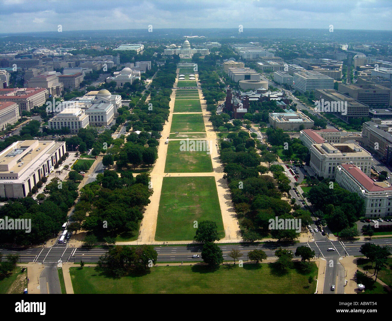 Vista aerea di Washington DC, Stati Uniti d'America Compreso il Mall e il Campidoglio come visto dal Monumento di Washington spazio copia Foto Stock