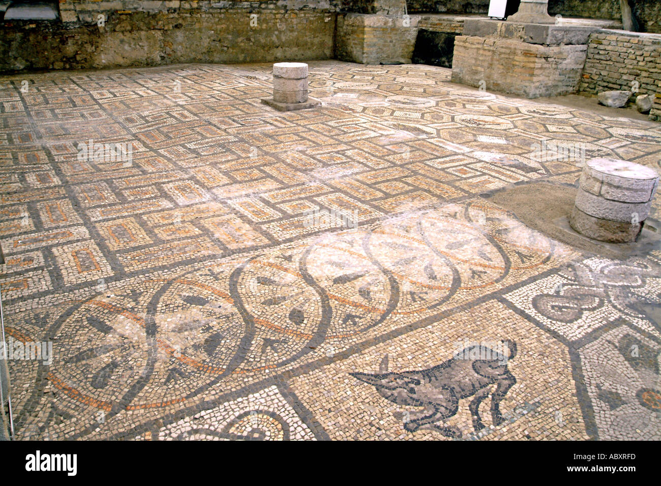 Il pavimento in mosaico della Basilica di Aquileia vicino a Grado nella regione Friuli Venezia Giulia del nord est dell'Italia. Foto Stock