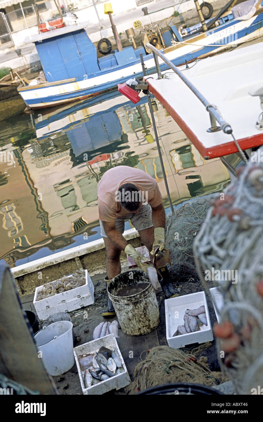 Un pescatore ordina attraverso la sua cattura sulla sua barca nella città di Grado in Friuli d'Italia. Foto Stock