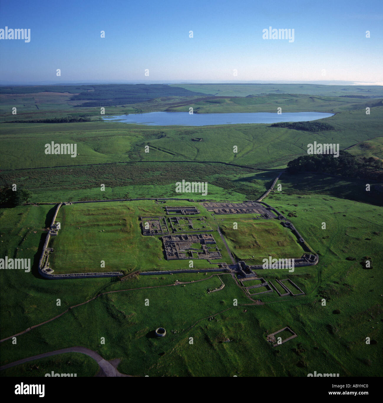 Housesteads Roman Fort il Vallo di Adriano nel Regno Unito Northumberland vista aerea Foto Stock