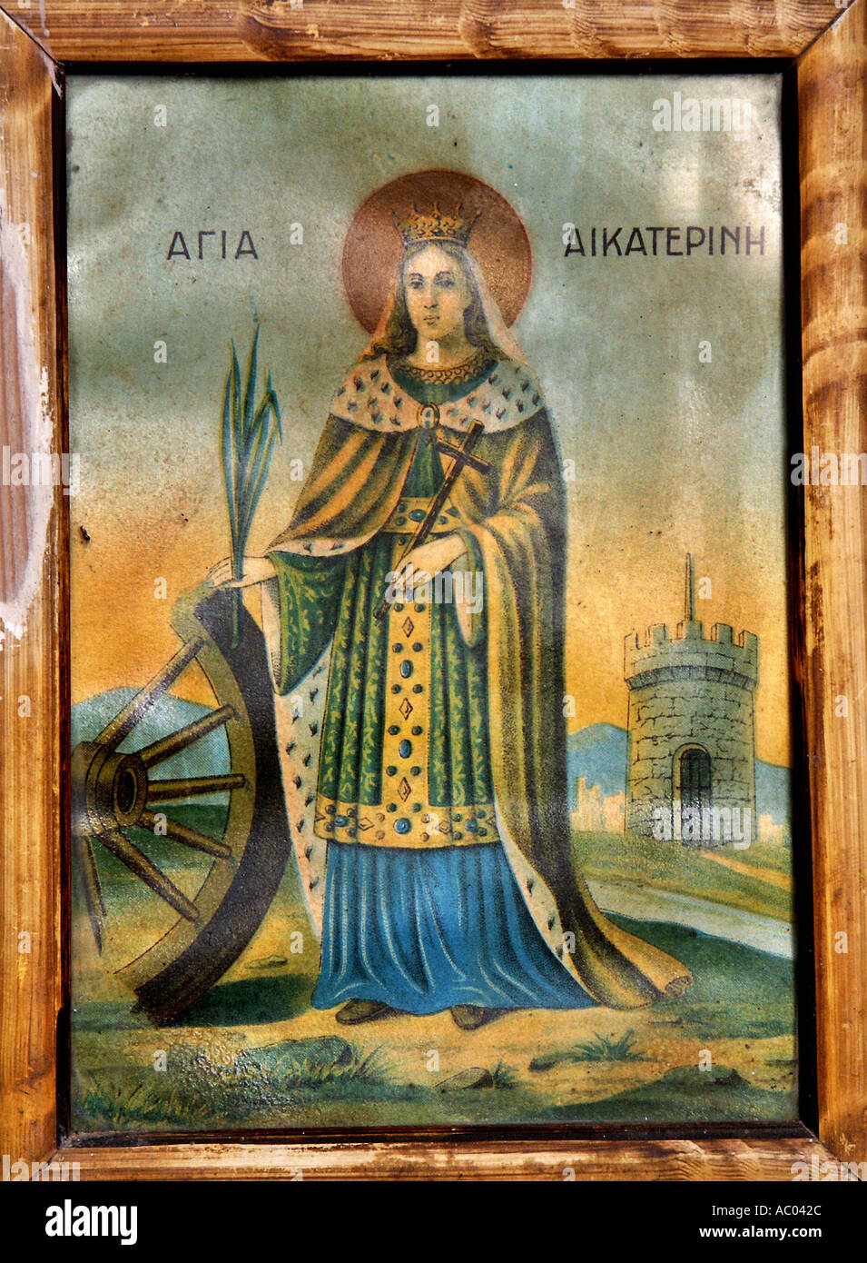 Santa Caterina Aikaterini Katherine holding olive branch illustrazione vecchia chiesa di creta Krete isola Grecia Foto Stock