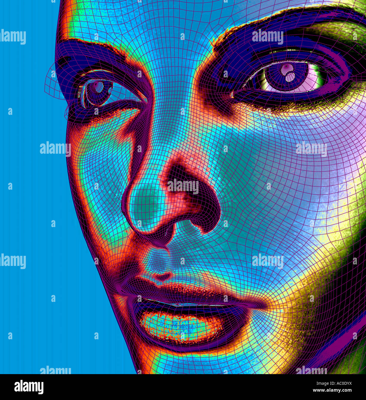 Vista astratta del computer generated robot testa femminile in 3D Foto Stock