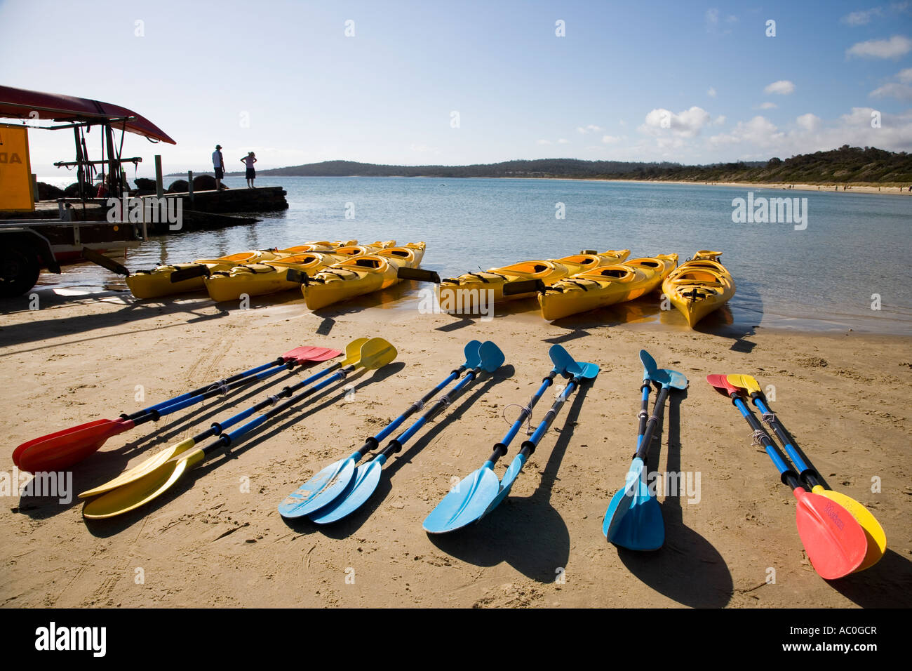 Kayak di mare in Coles Bay sulla Penisola di Freycinet Foto Stock