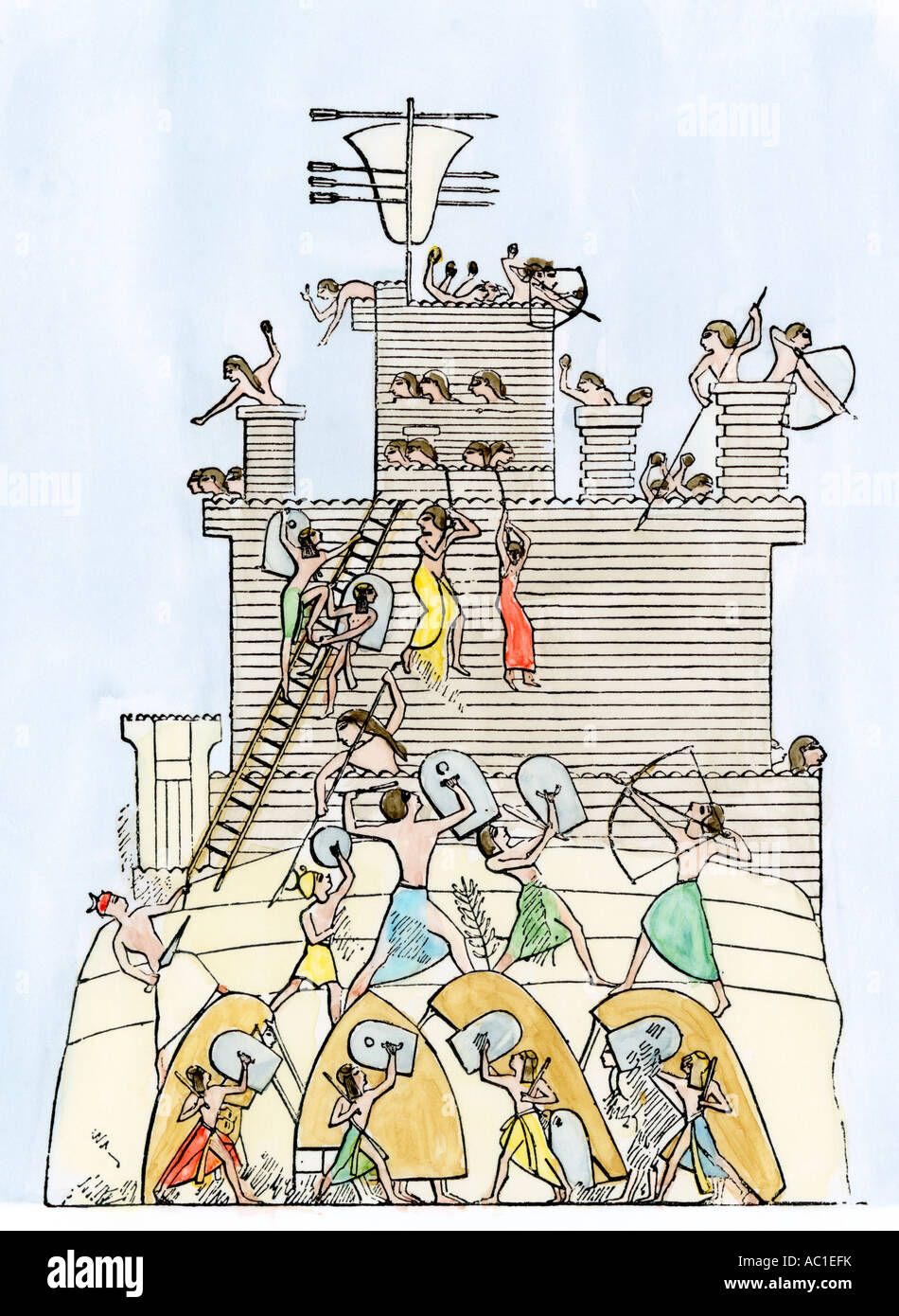 Assaltando una fortificazione con testudo formazione e la scaletta di scala antico Egitto. Colorate a mano la xilografia Foto Stock
