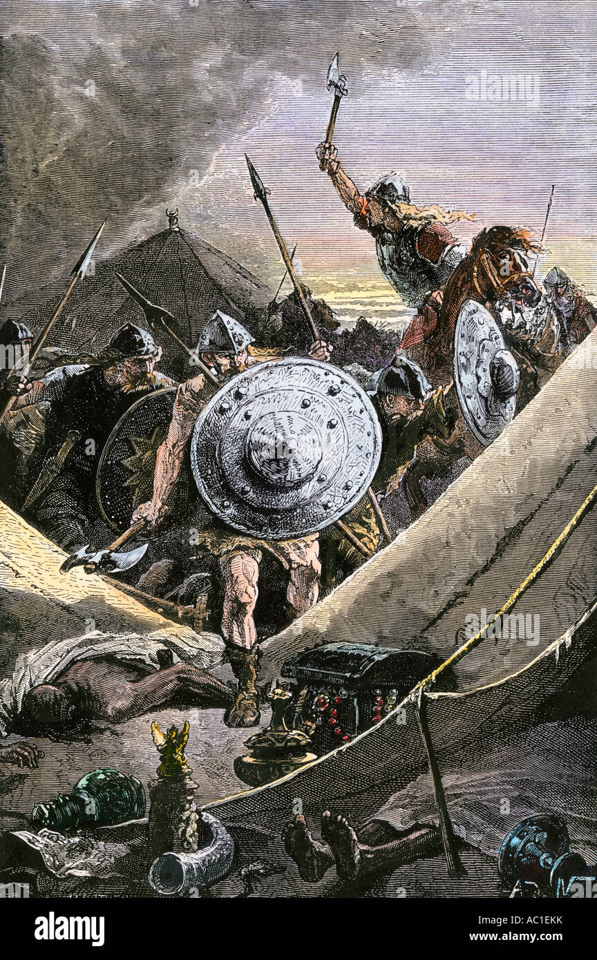 Franchi immettere i Saraceni camp nella battaglia di Tours fermare l'invasione musulmana 732 annuncio. Colorate a mano la xilografia Foto Stock