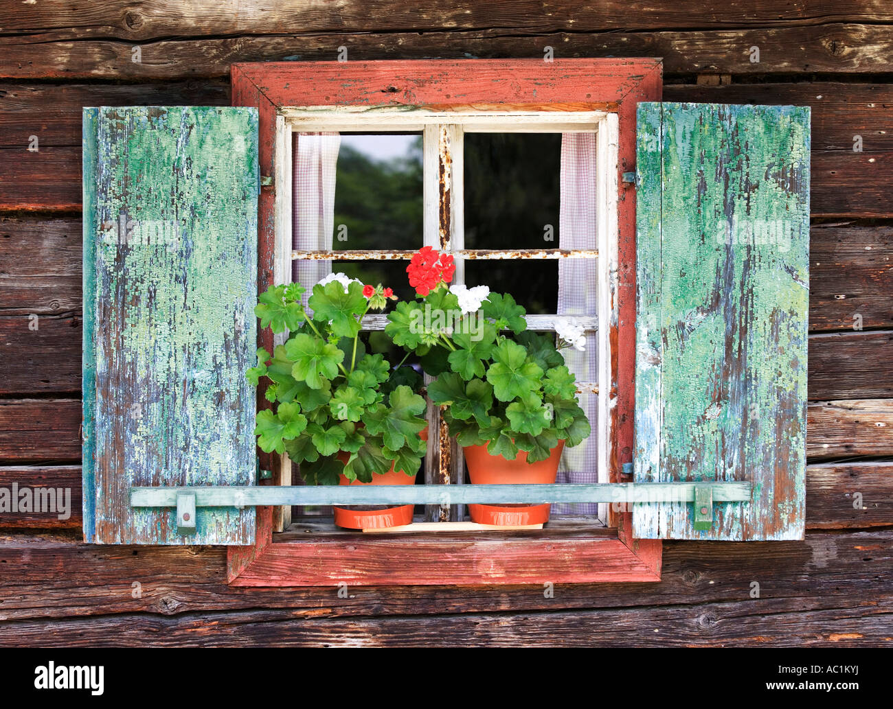 Austria, agriturismo con vasi di piante sul davanzale Foto Stock