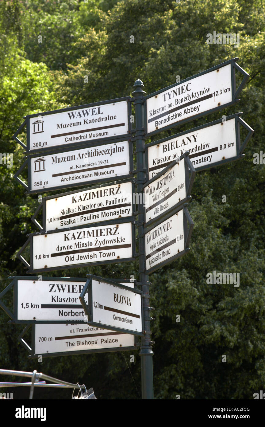 Pedonale turistica indicazioni per le attrazioni turistiche di Cracovia la piazza della città vecchia Foto Stock