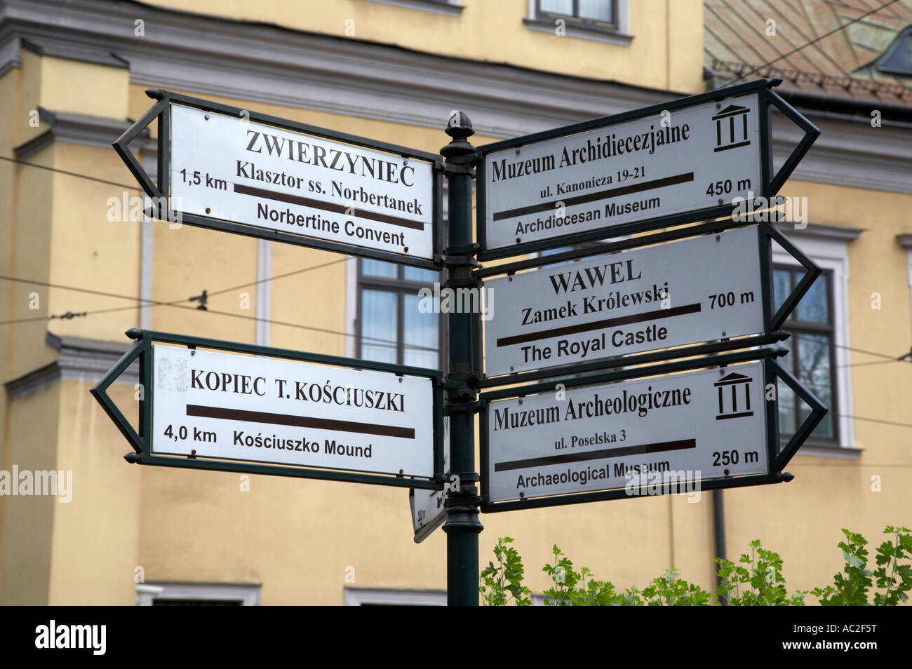 Pedonale turistica indicazioni per le attrazioni turistiche di Cracovia la piazza della città vecchia Foto Stock