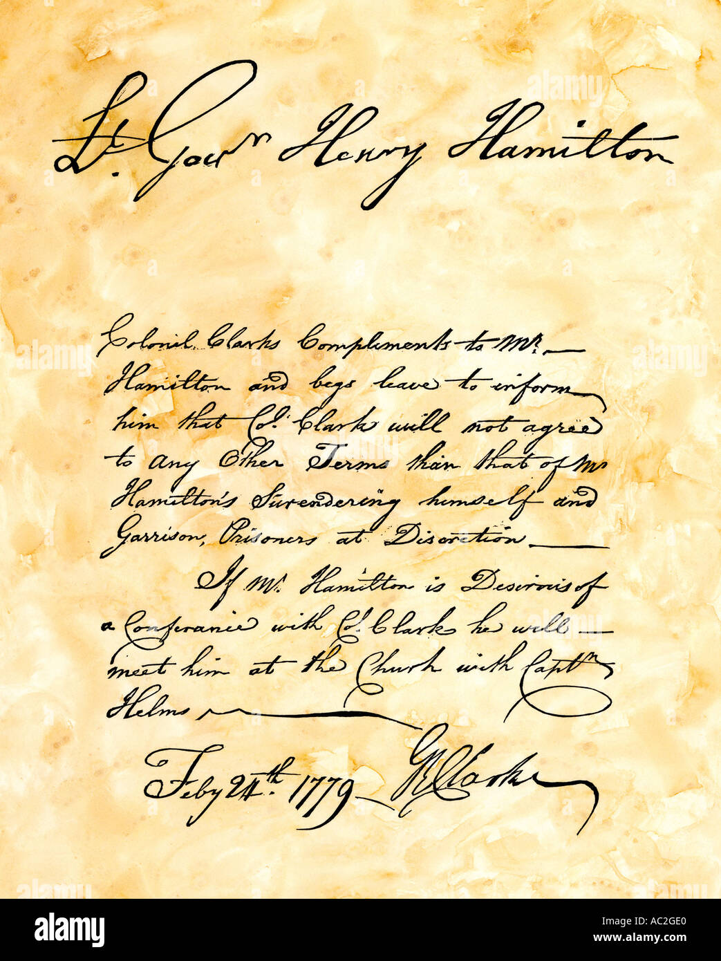 George Rogers Clark domanda manoscritta per la rinuncia di Vincennes Indiana da British Lt Governor Hamilton 1779. Xilografia con un lavaggio ad acquerello Foto Stock