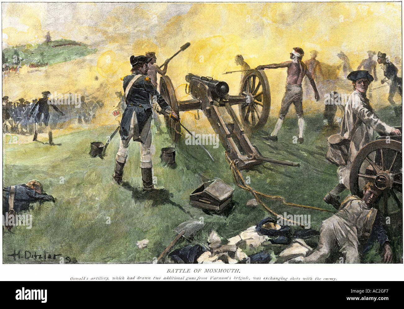 Artiglieria americana impegnata nella battaglia di Monmouth durante la Rivoluzione Americana 1778. Colorate a mano la xilografia Foto Stock