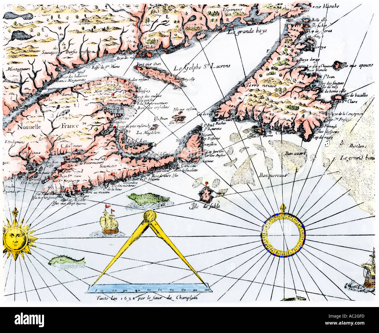 Samuel de Champlain mappa del Gaspee e Golfo del fiume San Lorenzo 1632. Colorate a mano la xilografia Foto Stock