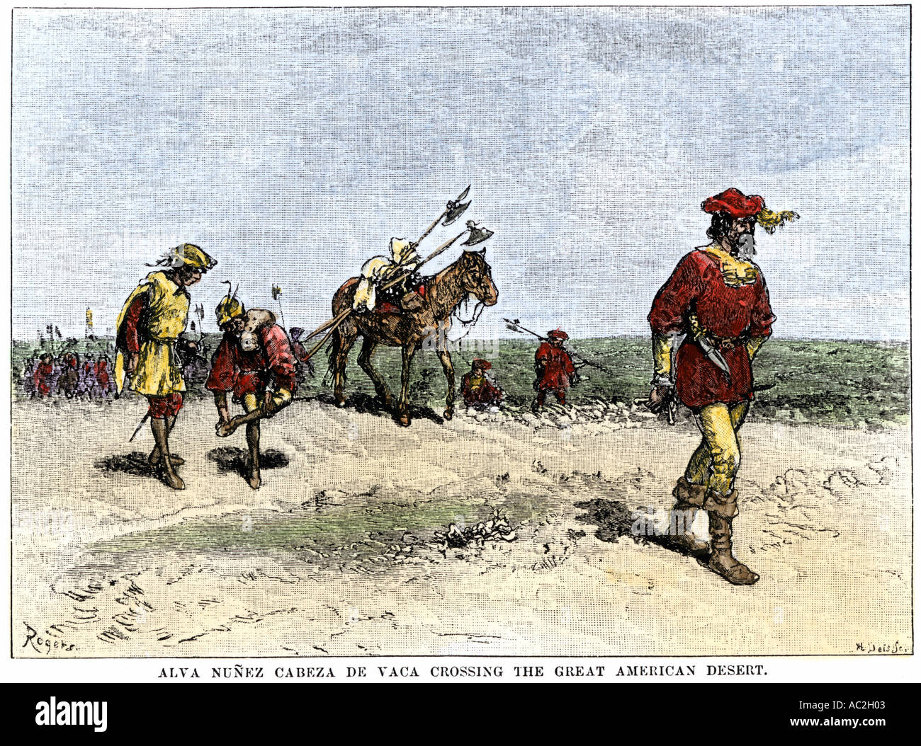 Alvar Núñez Cabeza de Vaca attraversando il grande deserto americano dal Texas al Messico primi 1500s. Colorate a mano la xilografia Foto Stock