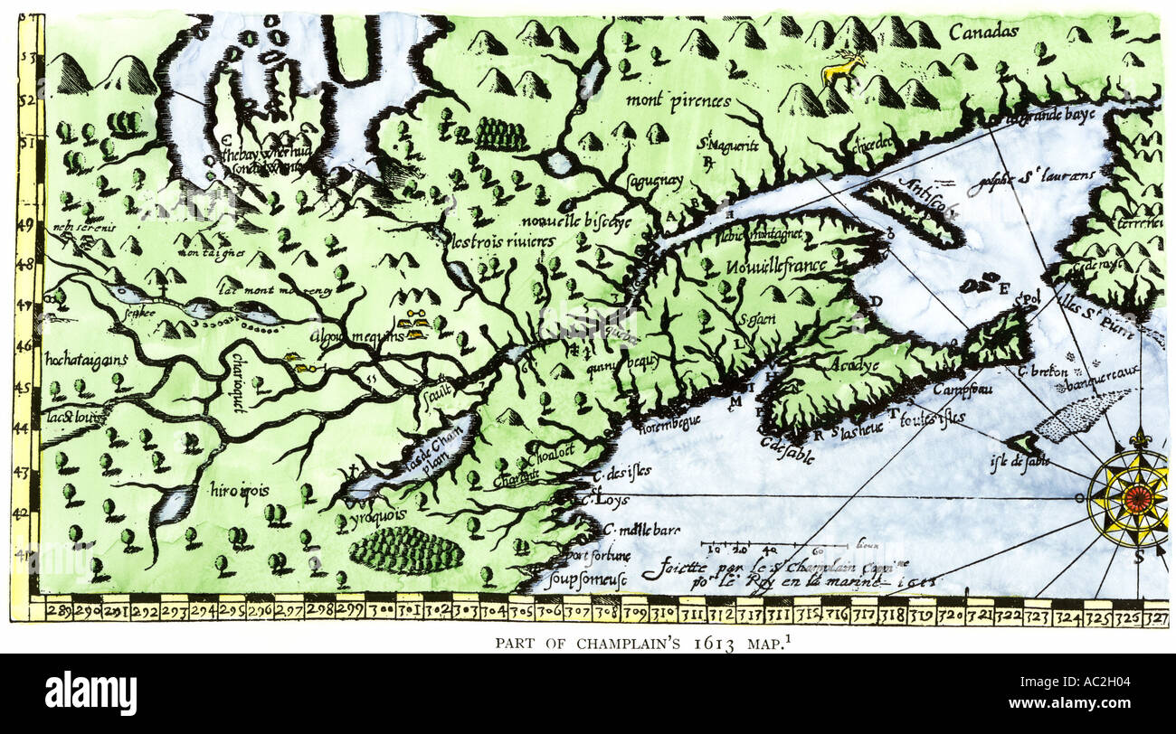 Parte del 1613 Samuel de Champlain mappa della Nuova Francia. Colorate a mano la xilografia Foto Stock
