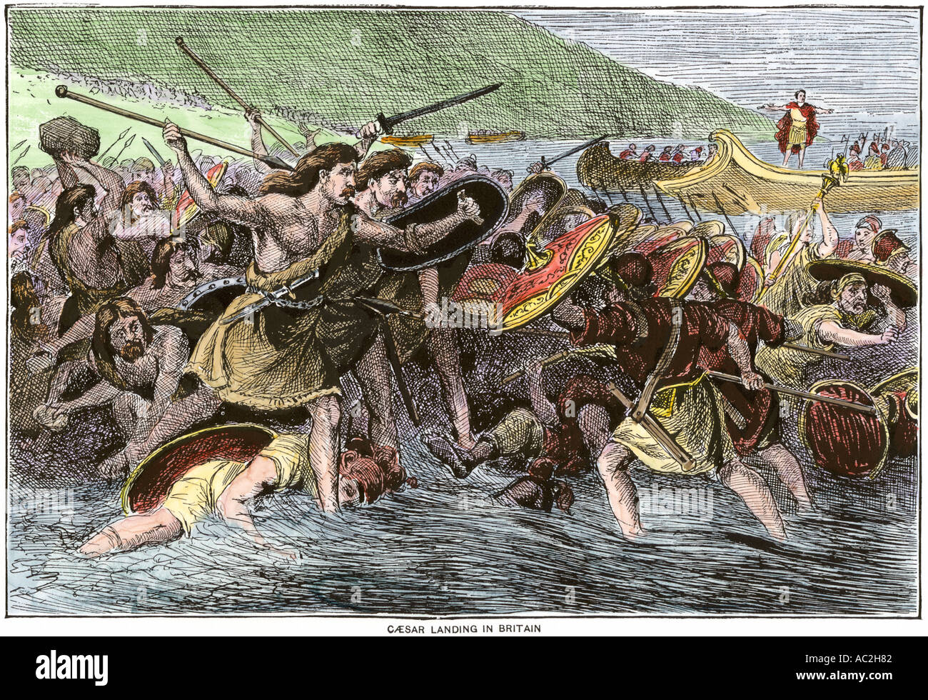 Esercito Romano di Giulio Cesare lo sbarco in Gran Bretagna 55 BC. Colorate a mano la xilografia Foto Stock