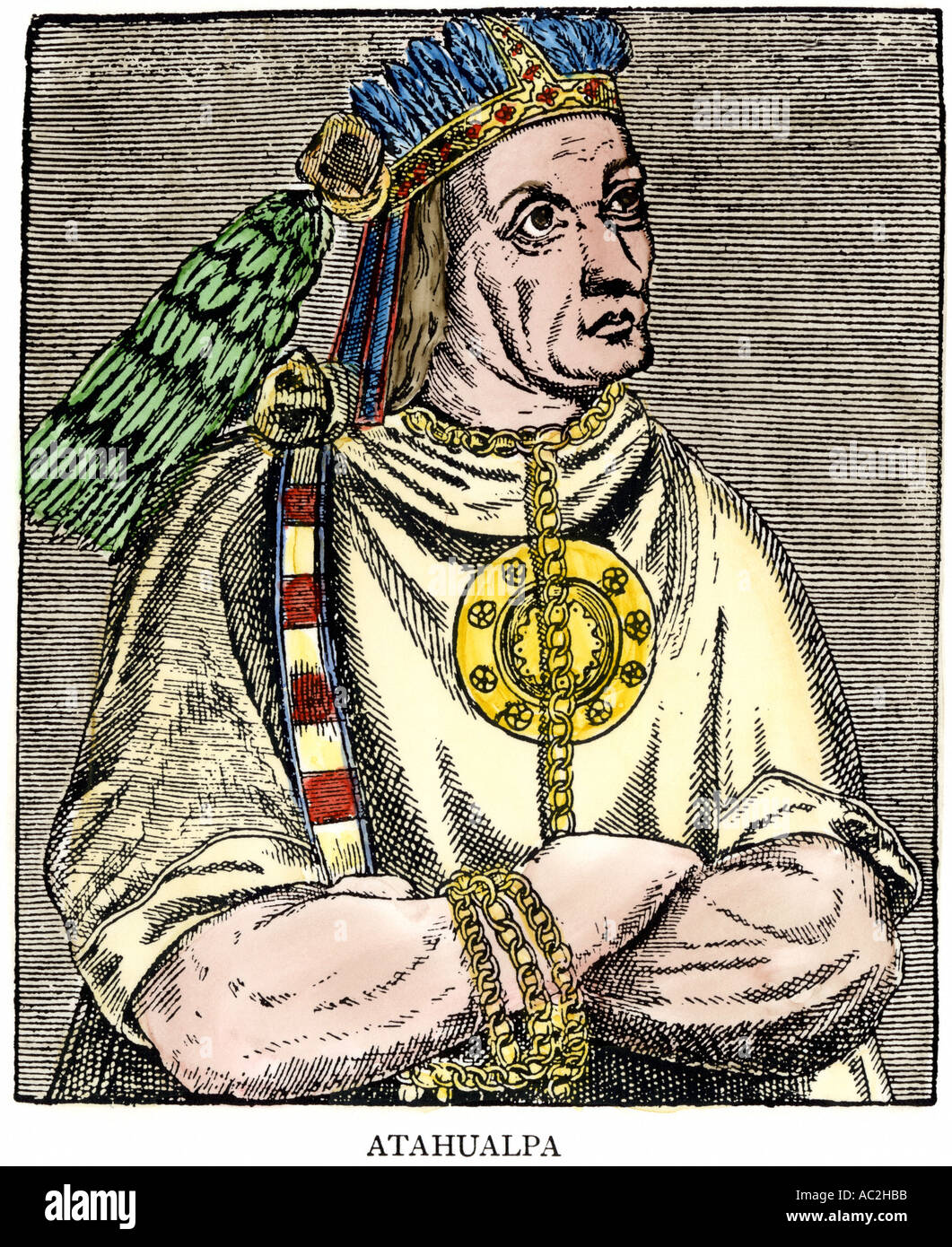 Atahualpa ultimo Inca re del Perù. Colorate a mano la xilografia Foto Stock