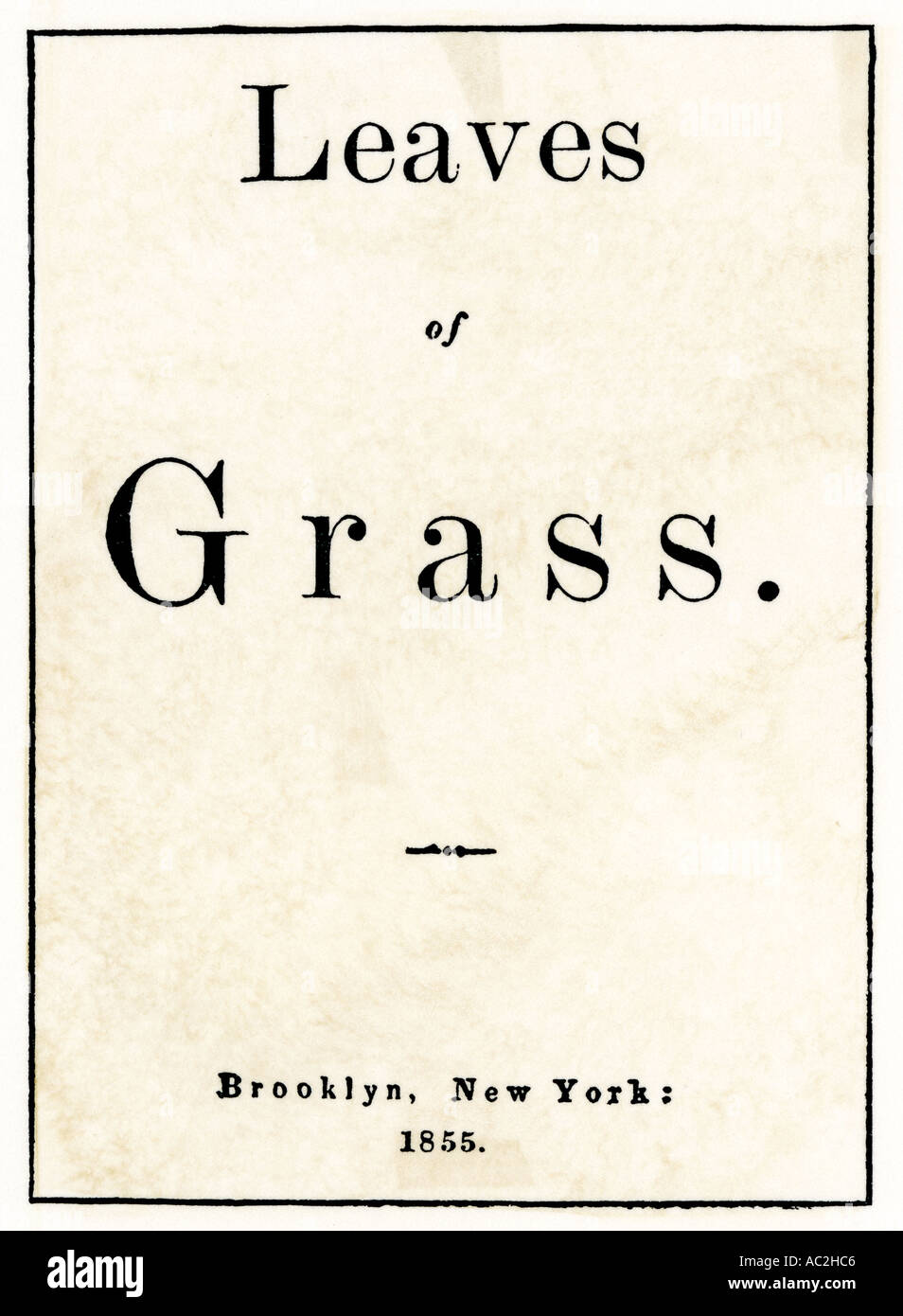 Prima edizione pagina titolo di foglie di Erba la poesia di Walt Whitman 1855. Xilografia con un lavaggio ad acquerello Foto Stock