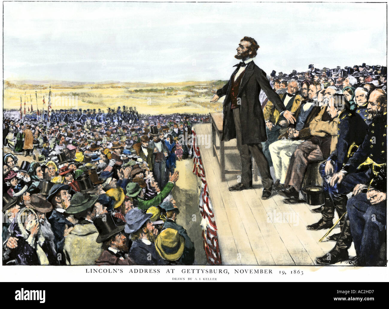 Il presidente Abraham Lincoln fornendo l'indirizzo di Gettysburg commemora la battlefield 1863. Colorate a mano di mezzitoni una illustrazione Foto Stock
