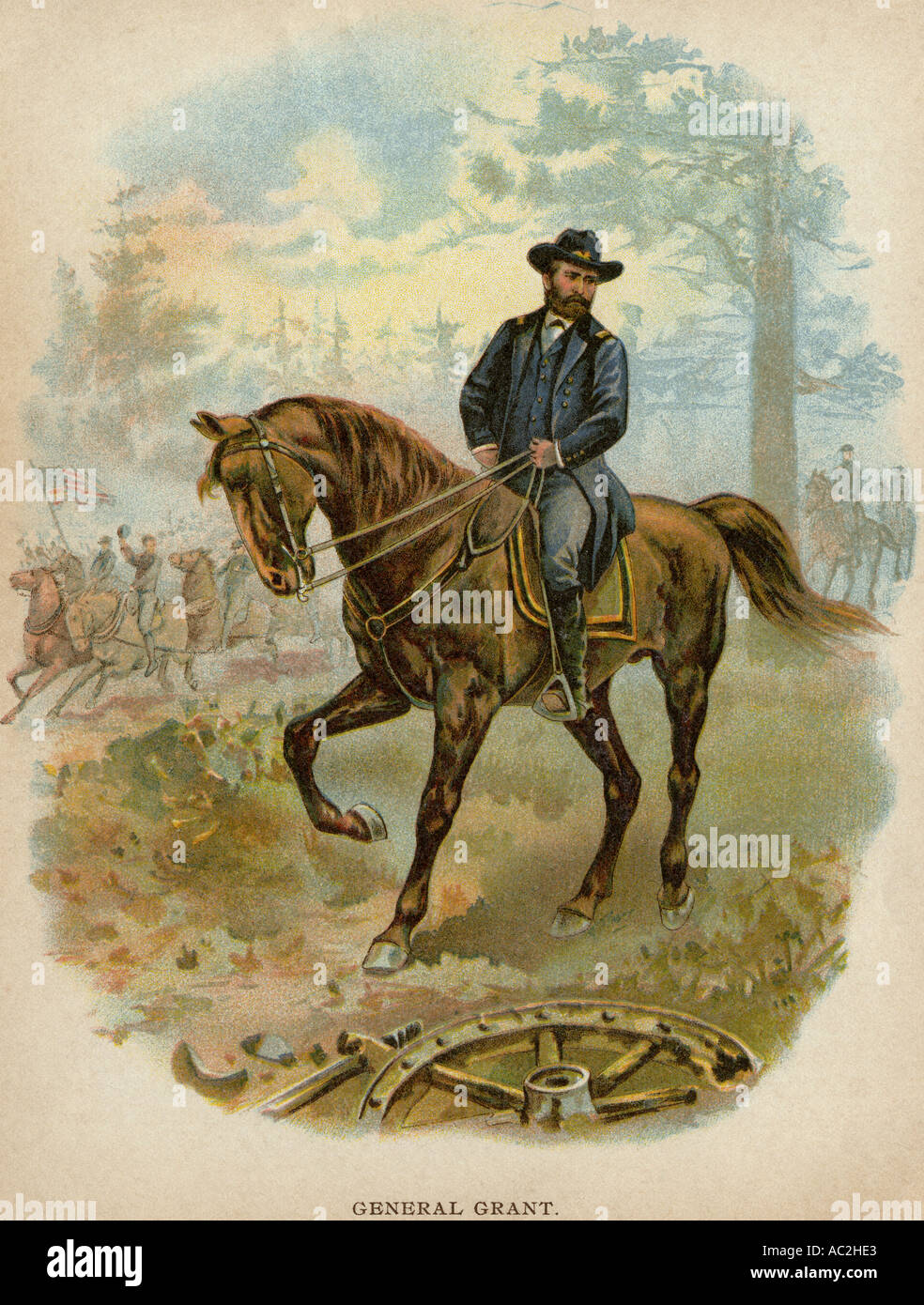 Unione generale Ulysses S concedere a cavallo su campi di battaglia della Guerra Civile. Litografia a colori Foto Stock