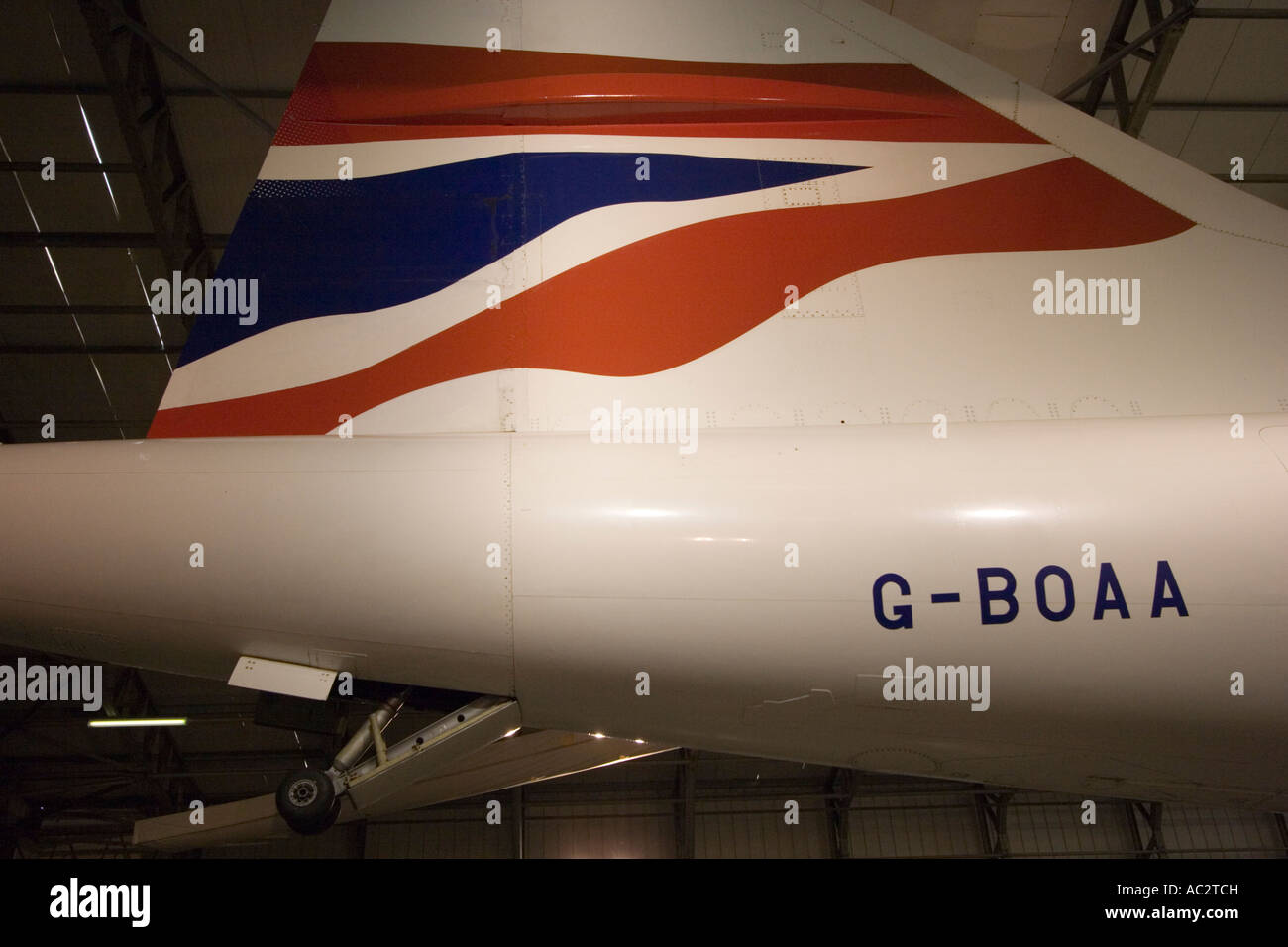 Dettaglio della coda in corrispondenza di display Concorde a East Fortune il Museo del Volo, East Lothian, Scozia Foto Stock