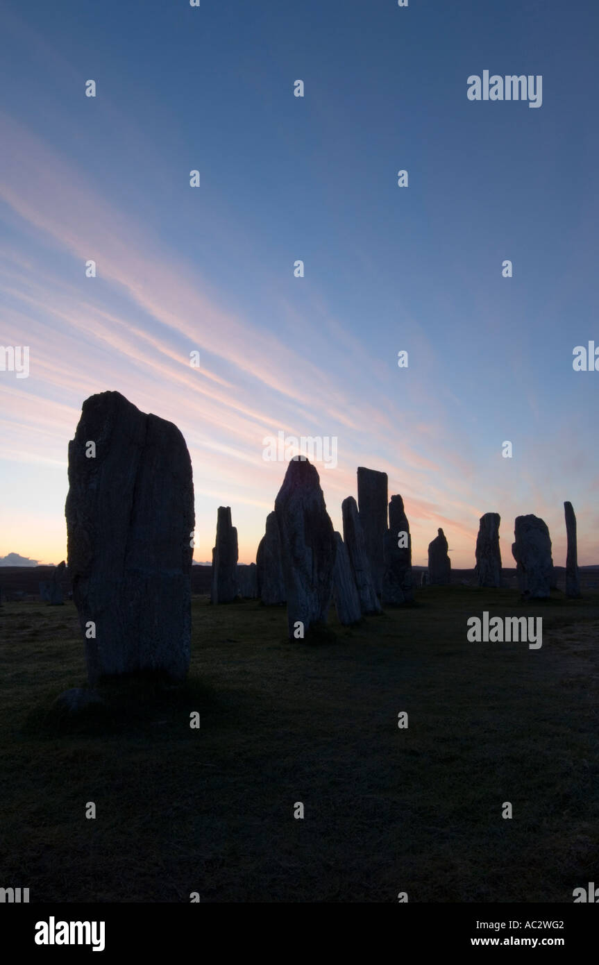 Callanish, Calanais, pietre permanente presso sunrise, Lewis, Ebridi Esterne, Scotland, Regno Unito Foto Stock