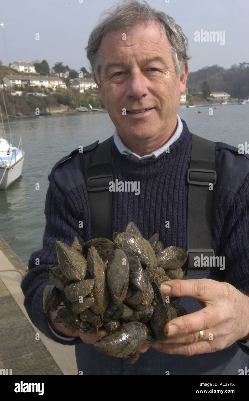 Garry Cooper Port ufficiale sanitario a Falmouth Docks raccoglie campioni di mitili da Fal estuario di acqua per i test di qualità Cornovaglia Foto Stock