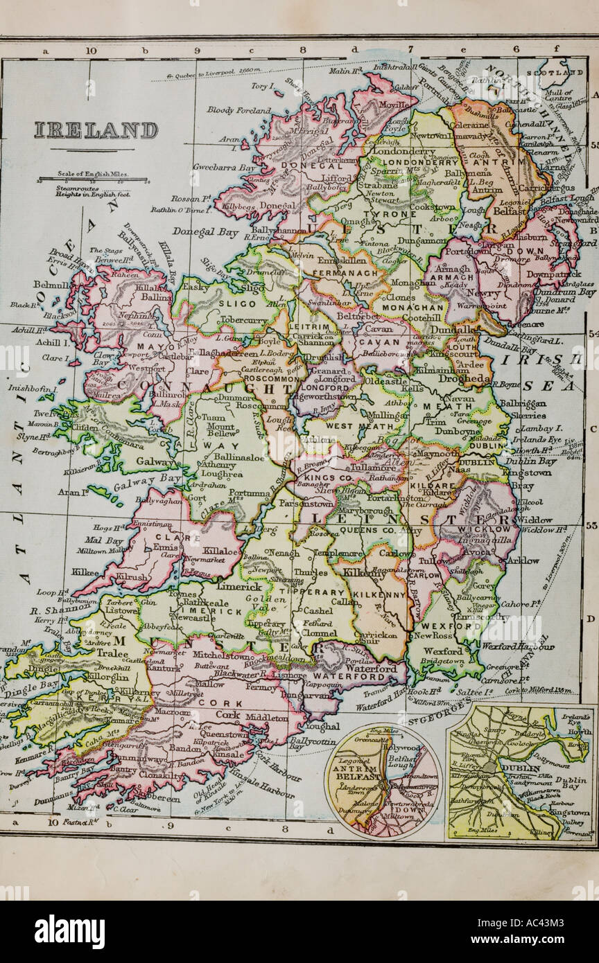 Un vecchio di 100 anni di mappa di Irlanda Foto Stock