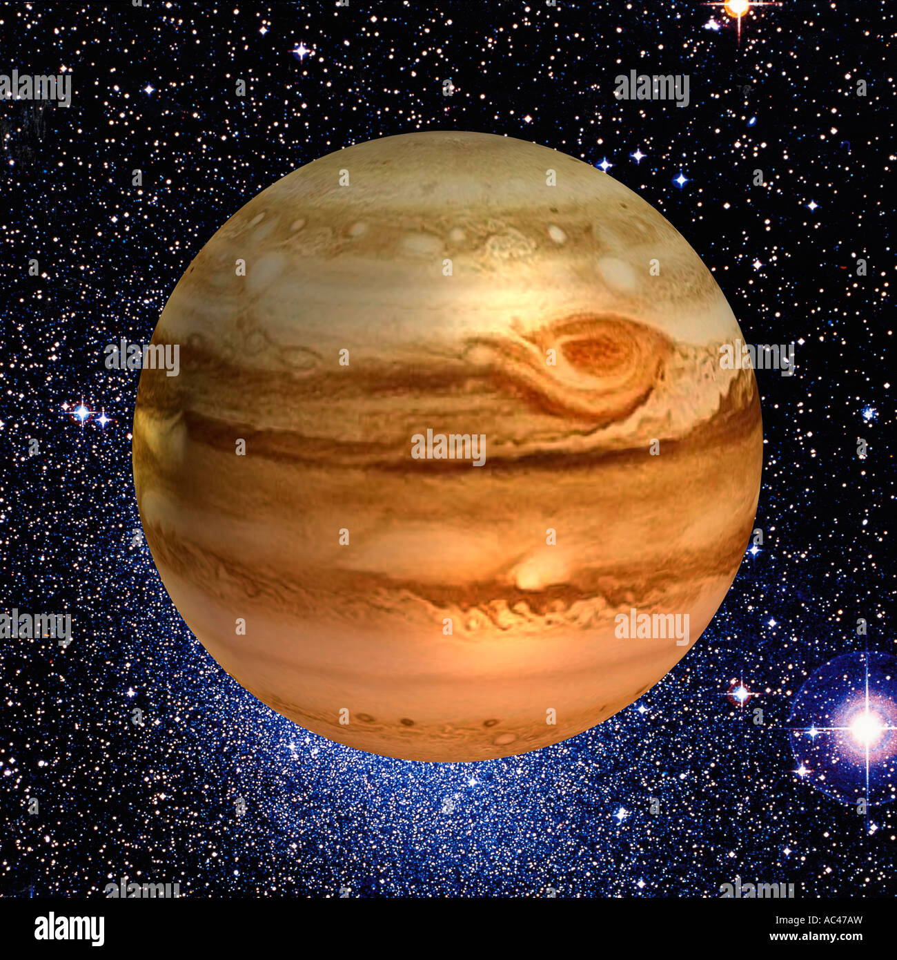 Il pianeta Giove miscelato sul cielo notturno di stelle come visto dal Telescopio Spaziale Hubble Foto Stock