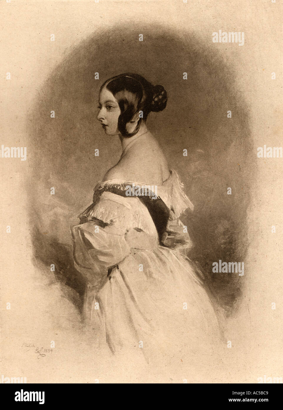 La regina Victoria, 1819 - 1901, visto qui all'età di vent'anni. Dallo schizzo originale da Sir Edwin Landseer al Castello di Windsor. Foto Stock