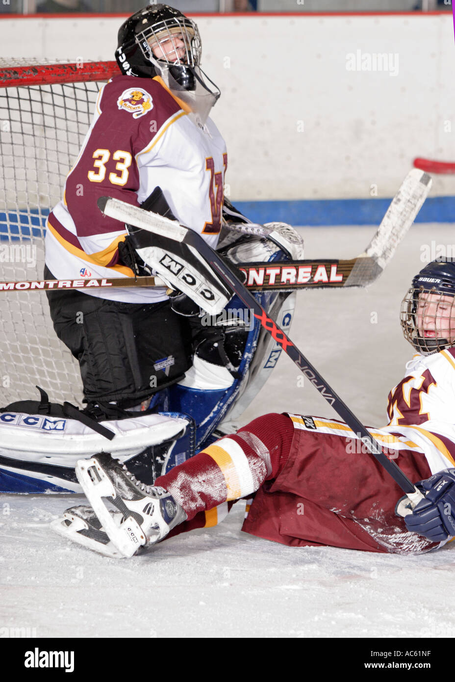 Hockey su ghiaccio Defenceman e Goalie coprire il puck Foto Stock