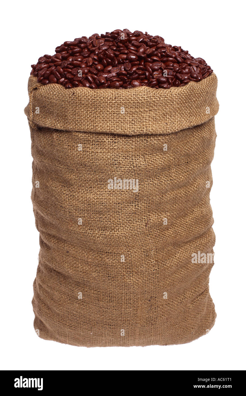 Immagine di stock di un sacco di tela riempito con i chicchi di caffè Foto Stock