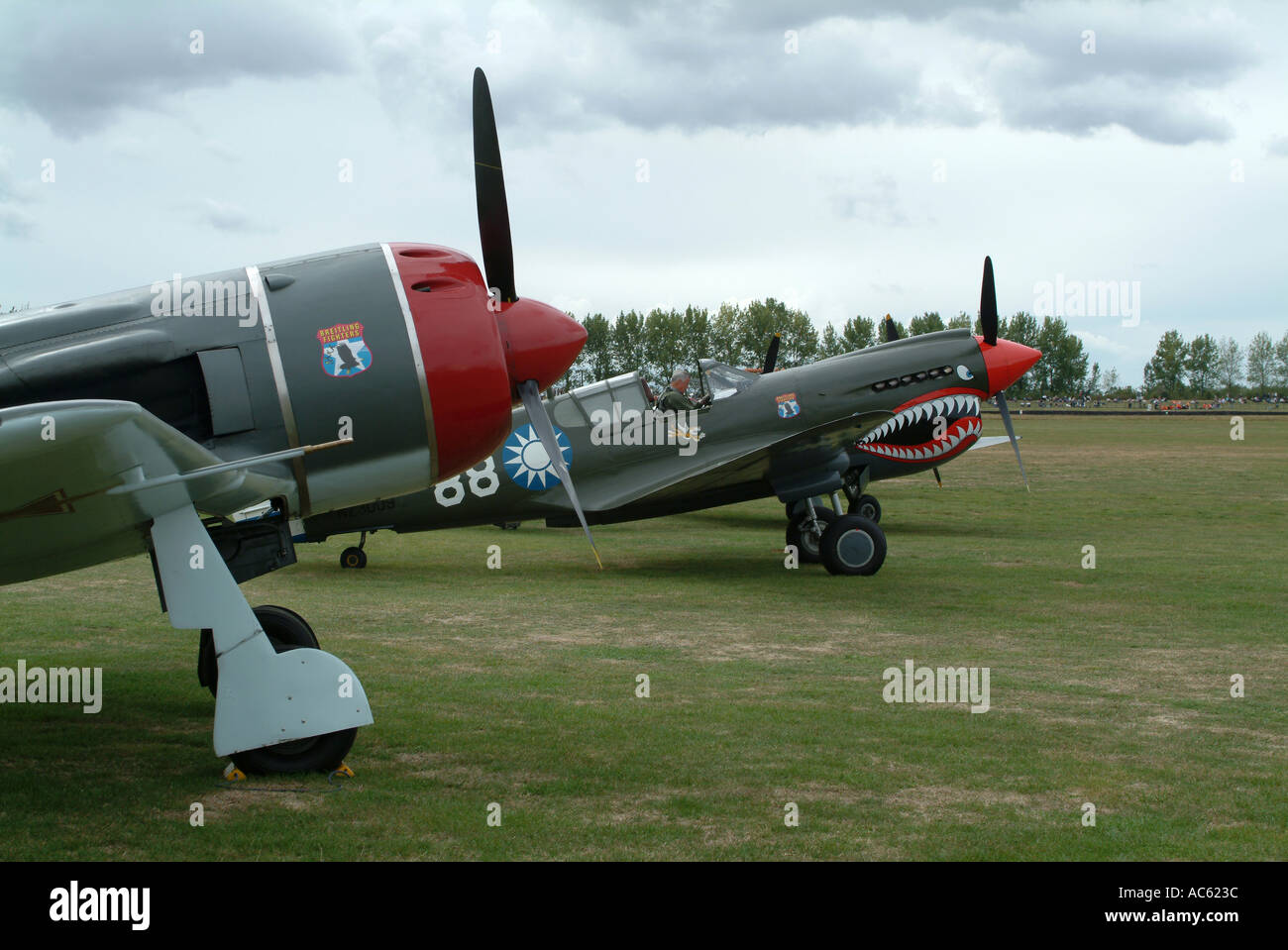 Vecchio Lavochkin La 9 e Curtiss P 40E Kittyhawk 1A degli aerei da caccia a Goodwood Meeting 2003 West Sussex England Regno Unito Foto Stock