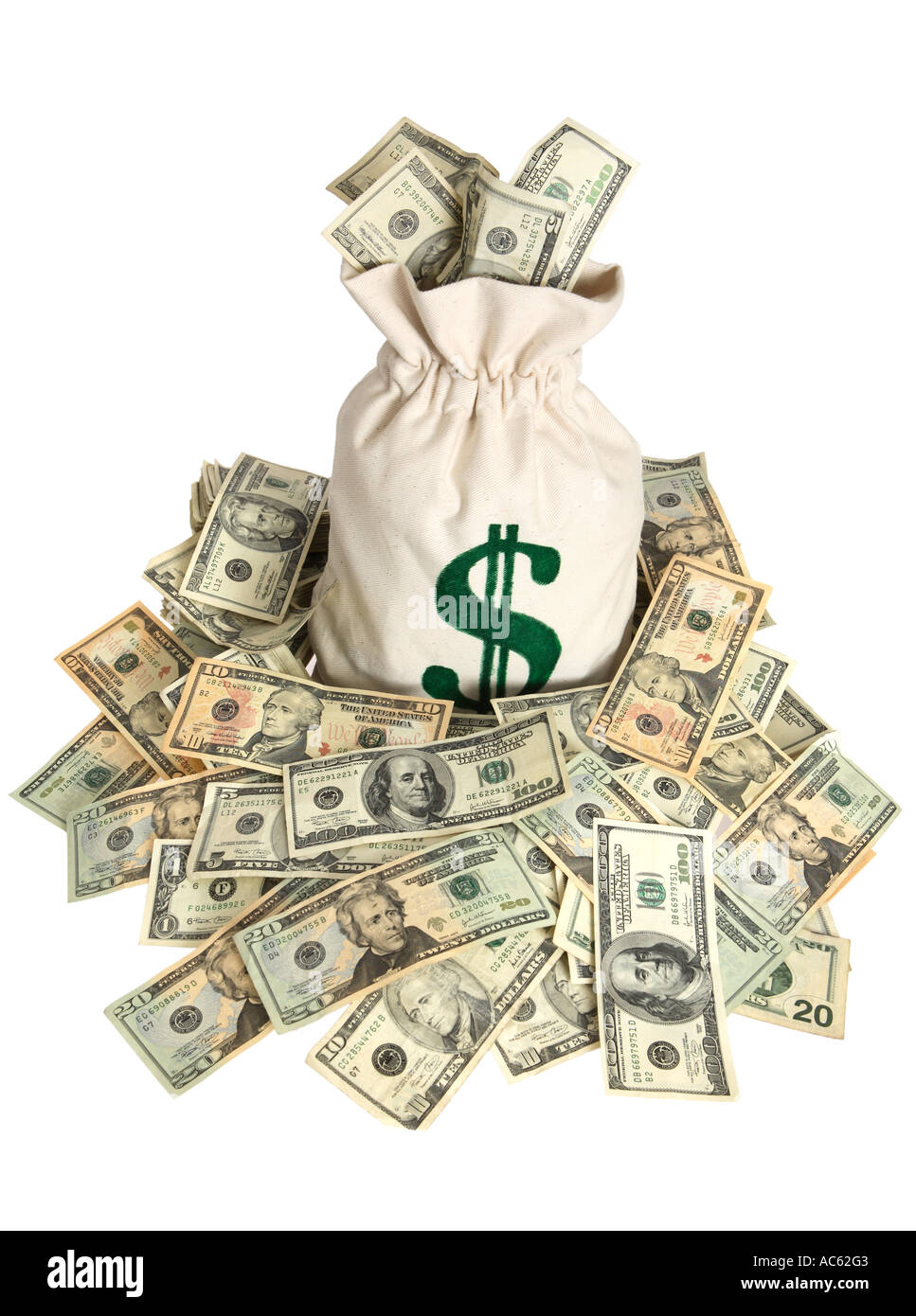 Moneybag e mucchio di denaro Foto Stock