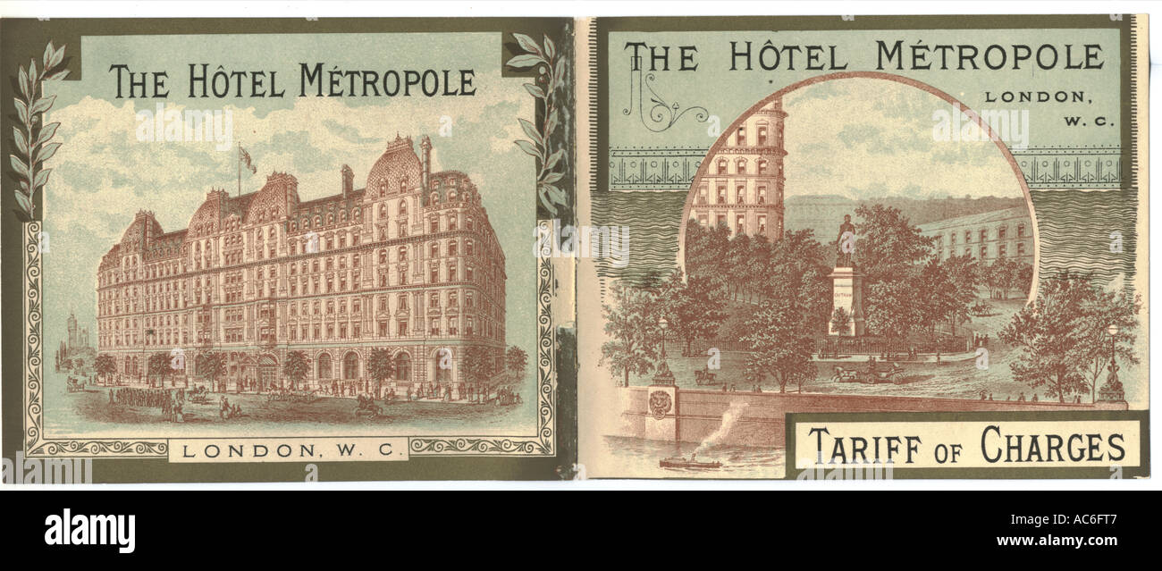 Tariffa per l'Hotel Metropole, Londra, circa 1890 Foto Stock