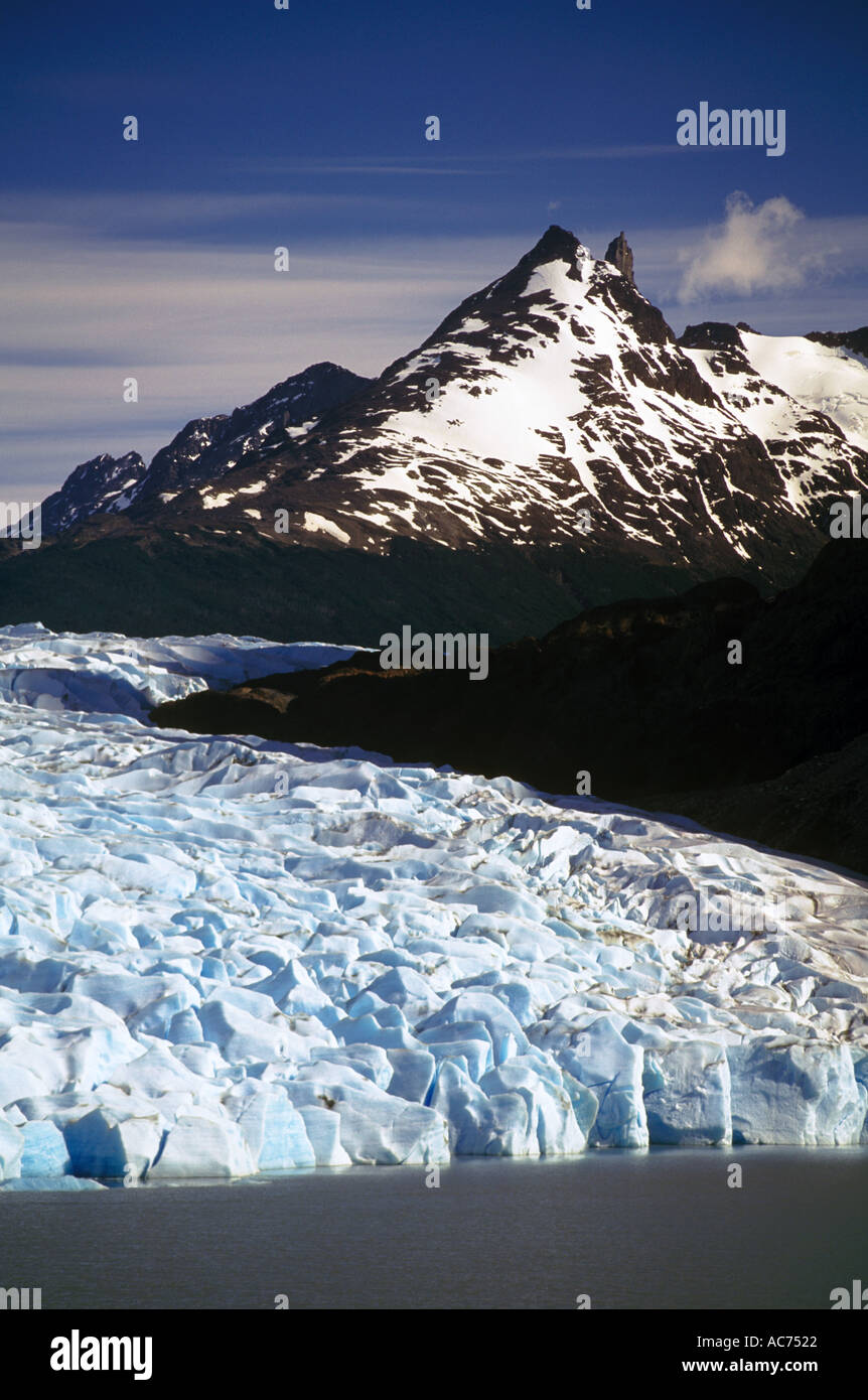 Il massiccio muro di ghiaccio che è ghiacciaio Grey termina al lago grigio nel parco nazionale Torres del Paine PATAGONIA CILE Foto Stock