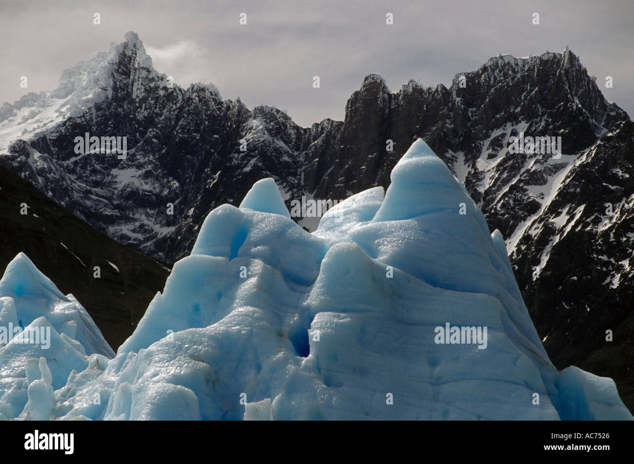 Pieghe di sculture di ghiaccio del massiccio ghiacciaio Grey nel parco nazionale Torres del Paine PATAGONIA CILE Foto Stock