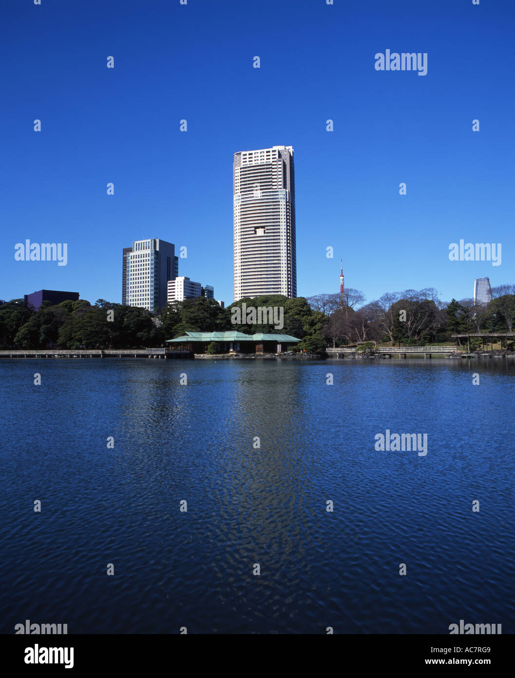 Lo skyline di Tokyo, Hama-rikyu Gardens Vicino a Shiodome SIO-SITE Foto Stock