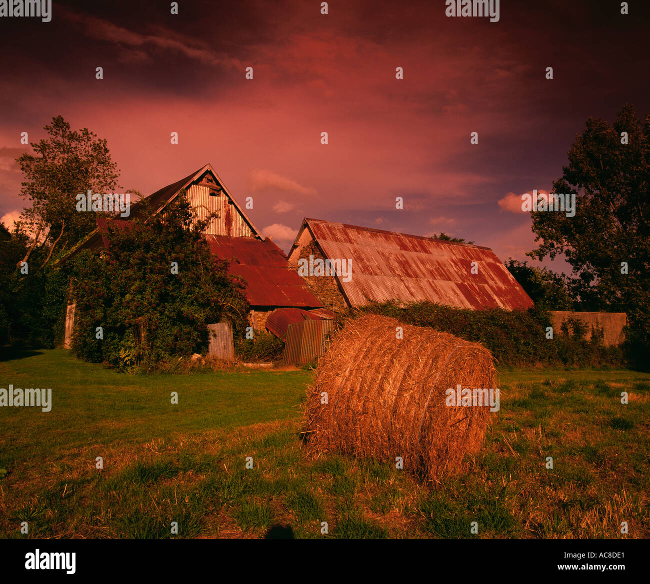 Balle di fieno e Fienile Rustico Bretagna Francia Foto Stock