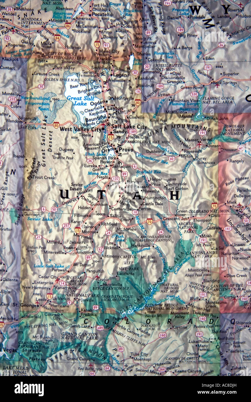 Una vista ravvicinata del lo stato dello Utah negli Stati Uniti su una multa, dettagliate e colorate mappa degli Stati Uniti. Foto Stock