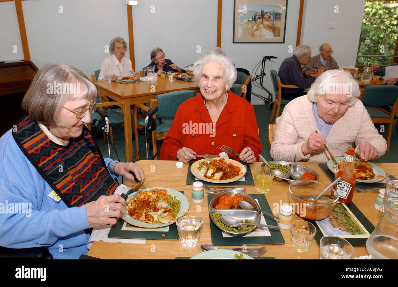 Casa residenziale OAP casa di cura degli anziani di età il cibo a cena a pranzo mangiano, Gran Bretagna REGNO UNITO Foto Stock