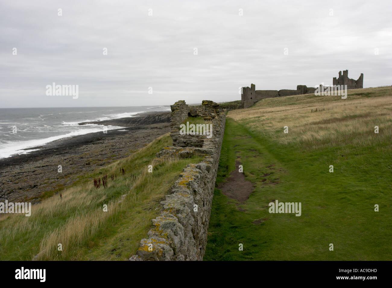 Ventoso litorale con le rovine del castello di Dunstanburgh. Northumberland, Inghilterra Foto Stock