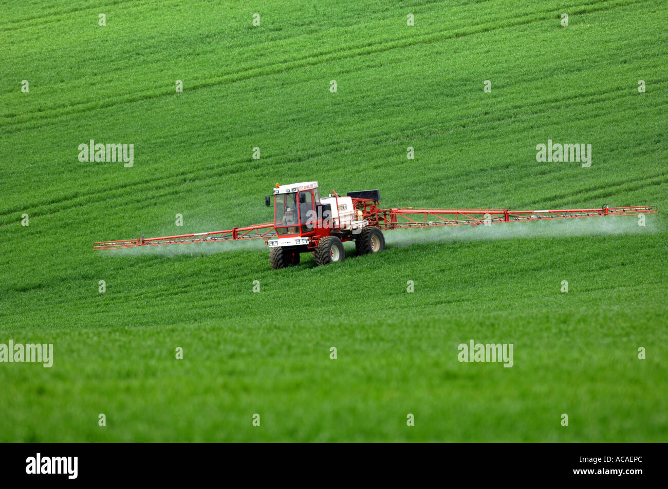 Il raccolto di colture di spruzzatura spray farm trattrice agricola, Gran Bretagna REGNO UNITO Foto Stock