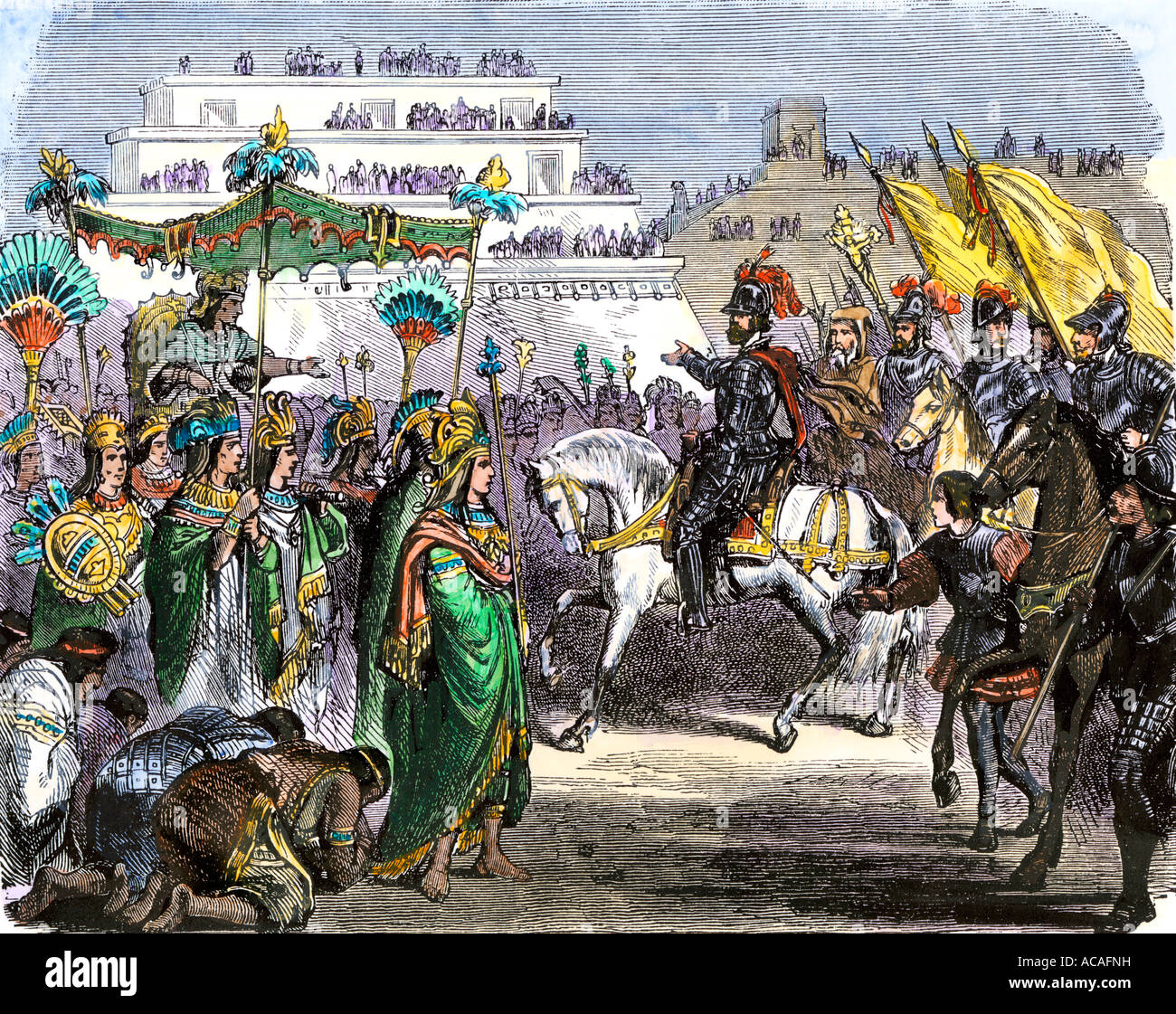 Hernando Cortes soddisfatte dai dignitari Toltec arrivando in Teotihuacan con il suo esercito in Messico 1519. Colorate a mano la xilografia Foto Stock