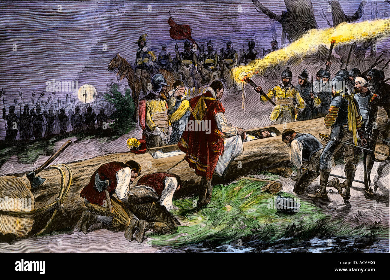 La sepoltura di DeSoto nel fiume Mississippi per mantenere la sua morte segreto da ostili nativi americani 1542. Colorate a mano di mezzitoni una illustrazione Foto Stock