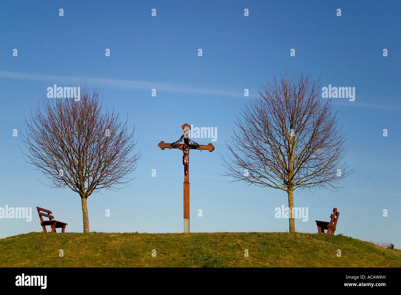 Crocifisso tra alberi e panchine, Alta Svevia, Baden-Wuerttemberg, Germania Foto Stock