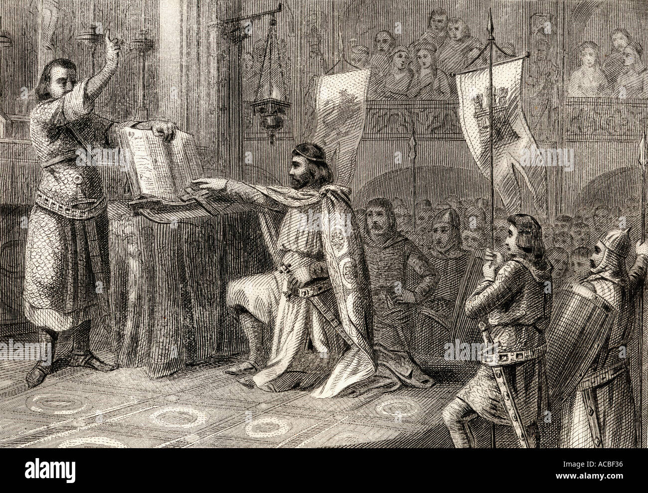 Il re Alfonso VI il giuramento di El Cid in Santa Gadea chiesa, Burgos, che egli non ha avuto alcuna parte nella morte del re Sancho II. Foto Stock