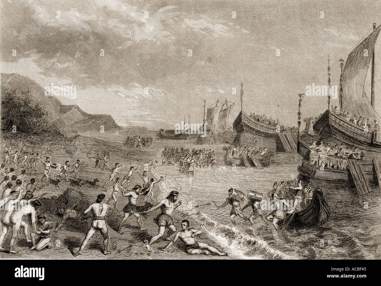 I Romani lo sbarco nell'isola di Mallorca 123 BC sotto la leadership di Quintus Caecilius Metello Balearicus. Foto Stock