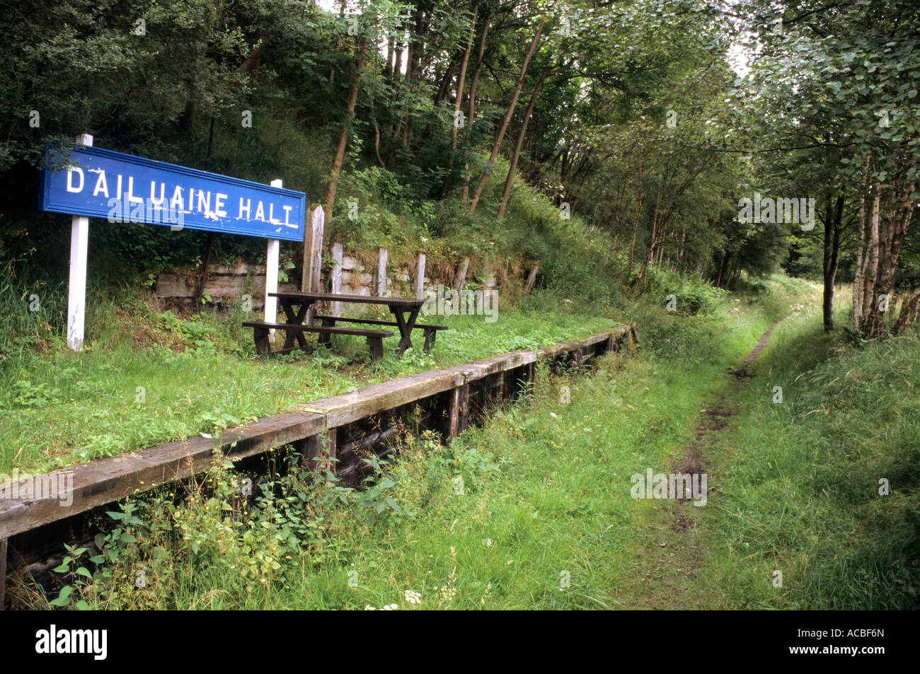 Piattaforma ferroviaria, abbandonate in disuso, ricoperta, Dailuaine Halt, Grampian Regione, Scozia, Regno Unito, Scottish Railways station Foto Stock