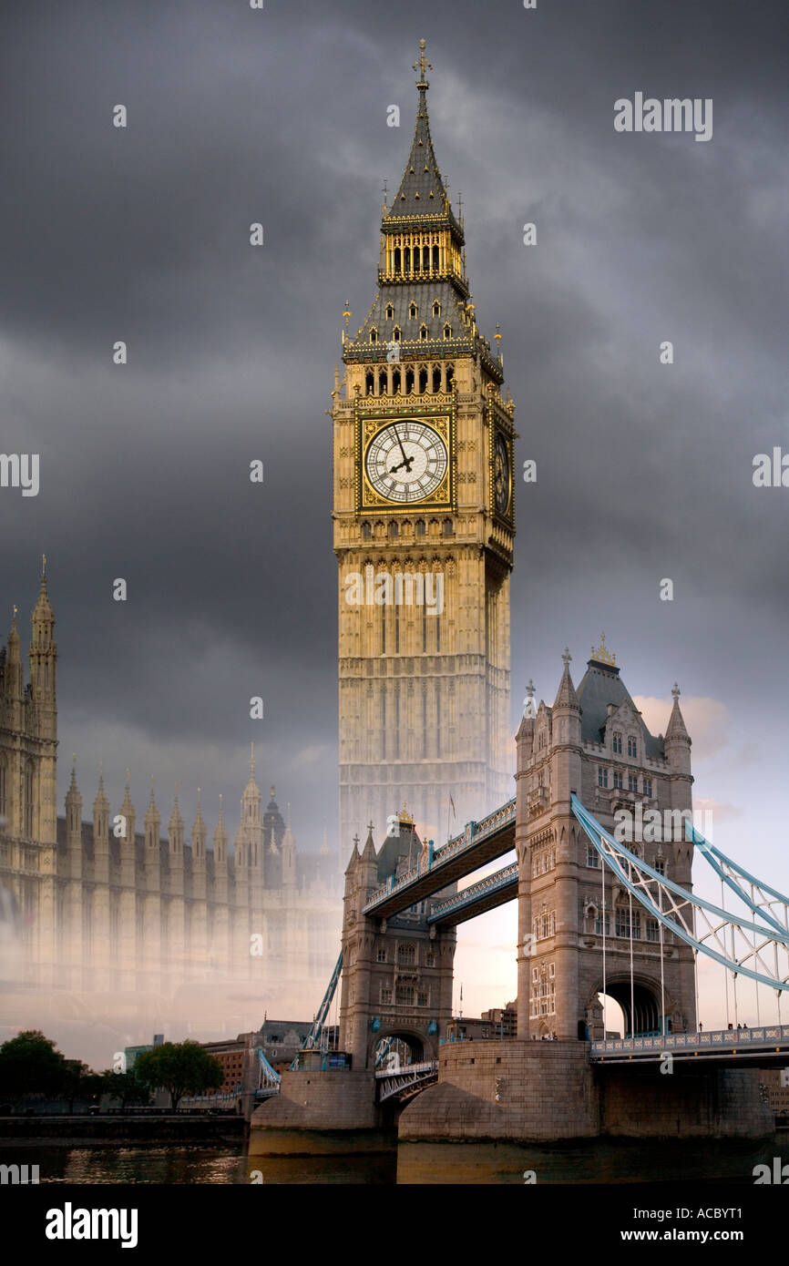 Il Big Ben, il 'Tower bridge' in un collage. 'London' Concept Art di Londra Foto Stock