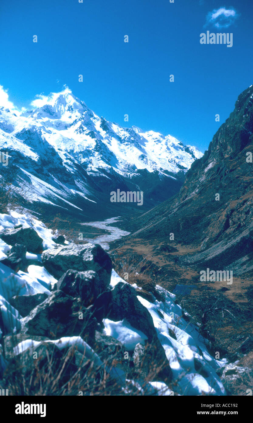 Vista dei picchi di montagna e glaciale della valle del fiume Valle Langtang Nepal Foto Stock